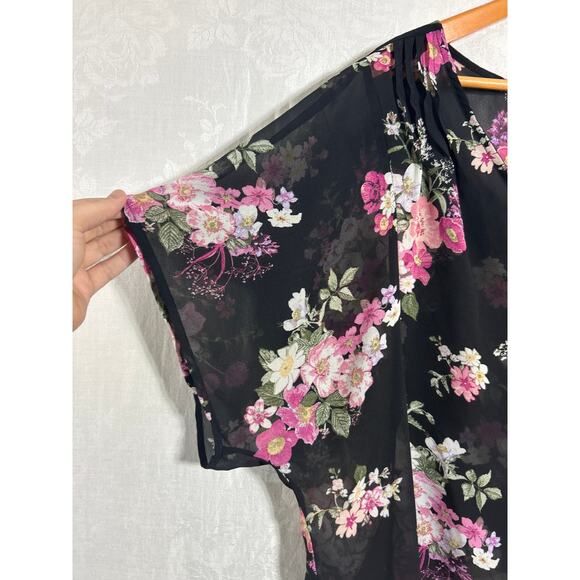 Torrid Top 2 2X Black Pink Floral Sheer Button Up Whimsigoth Fairy Goth Flowy - Picture 3 of 11